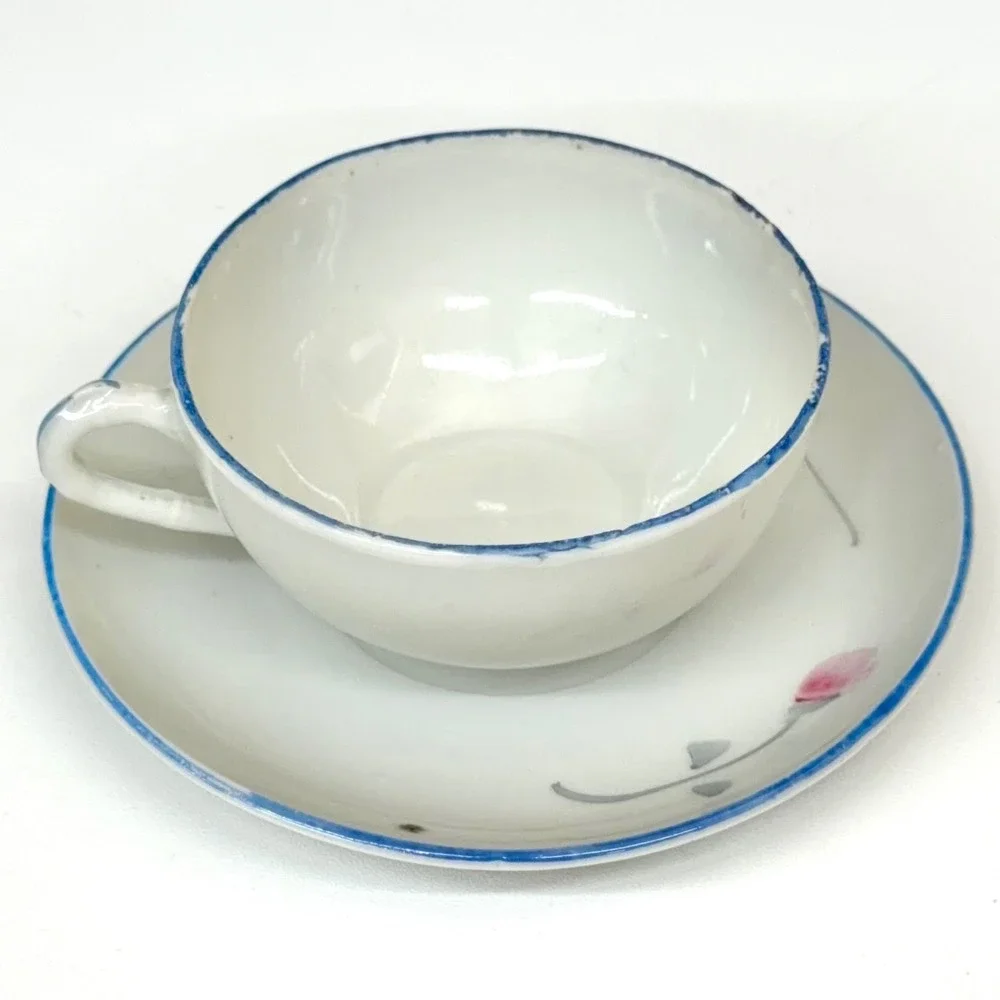 Vintage Japan Miniature Tea‎ Set 4pc Floral Porcelain Teacup Saucer Creamer Blue